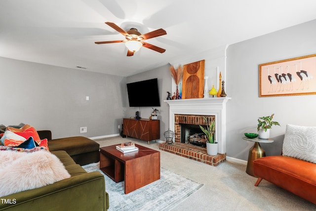 202 Stonecreek Dr, Apex, NC 27539 - living room with carpet flooring, ceiling fan, a fireplace, and baseboards