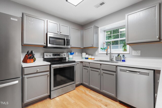202 Stonecreek Dr, Apex, NC 27539 - kitchen featuring stainless steel appliances, gray cabinetry, a sink, light wood-style floors, and light countertops
