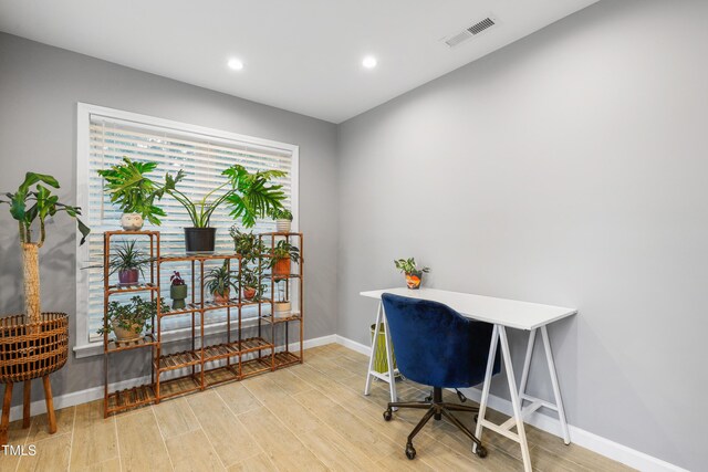 202 Stonecreek Dr, Apex, NC 27539 - home office with light wood-style flooring, baseboards, and recessed lighting