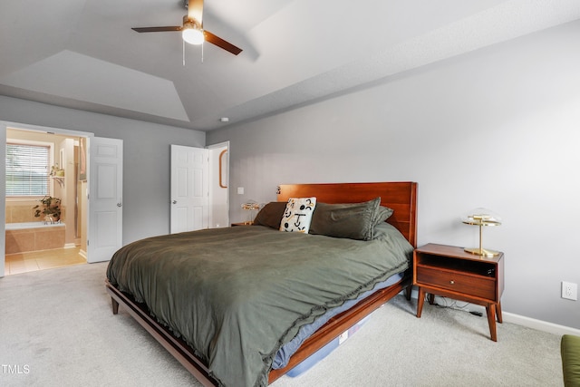 202 Stonecreek Dr, Apex, NC 27539 - bedroom with carpet, baseboards, connected bathroom, vaulted ceiling, and ceiling fan