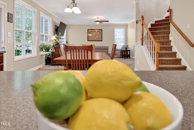 1437 Lindenberg Sq, Wake Forest, NC 27587 - dining room featuring stairway, ornamental molding, and a ceiling fan