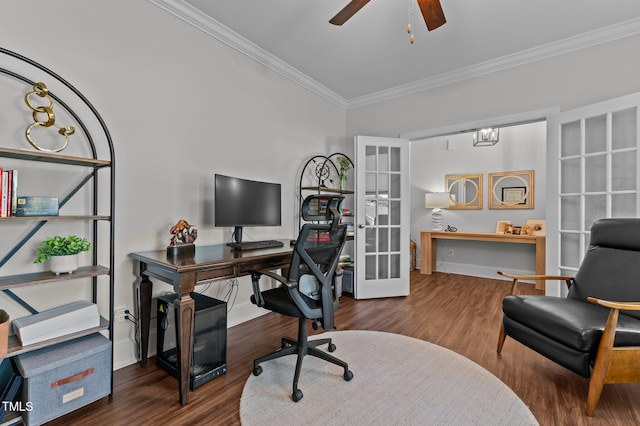 2012 Sweet Samson St, Wake Forest, NC 27587 - office area featuring french doors, crown molding, wood finished floors, a ceiling fan, and baseboards