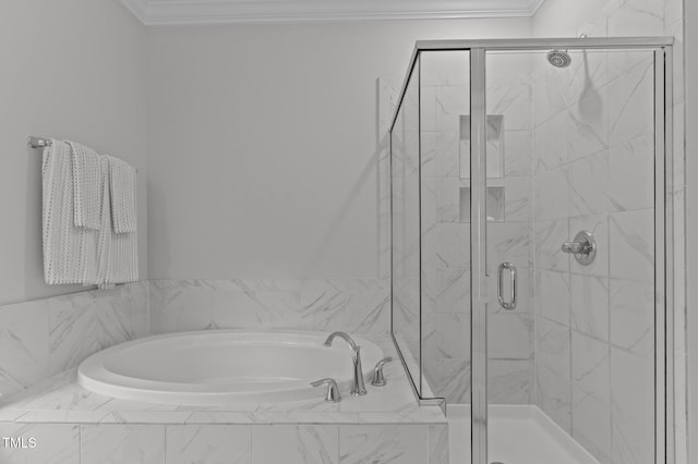 2012 Sweet Samson St, Wake Forest, NC 27587 - bathroom with a bath, a marble finish shower, and crown molding