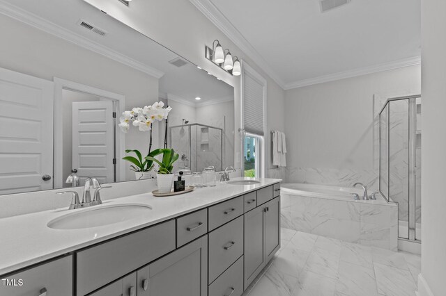 2012 Sweet Samson St, Wake Forest, NC 27587 - full bathroom with a bath, a marble finish shower, double vanity, ornamental molding, and marble look tile flooring
