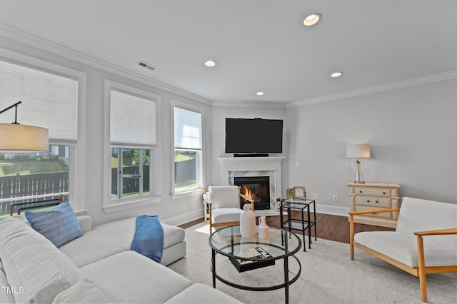 2012 Sweet Samson St, Wake Forest, NC 27587 - living area featuring recessed lighting, a high end fireplace, crown molding, wood finished floors, and baseboards
