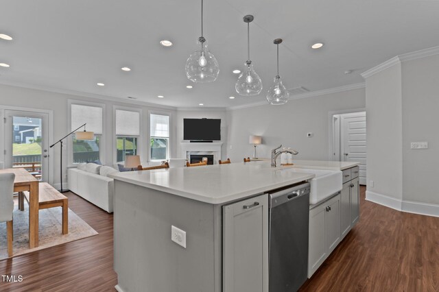 2012 Sweet Samson St, Wake Forest, NC 27587 - kitchen with stainless steel dishwasher, ornamental molding, a sink, open floor plan, and light countertops
