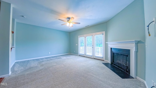 151 Braeside Ct, Cary, NC 27519 - unfurnished living room featuring a ceiling fan, baseboards, carpet, and a fireplace with flush hearth