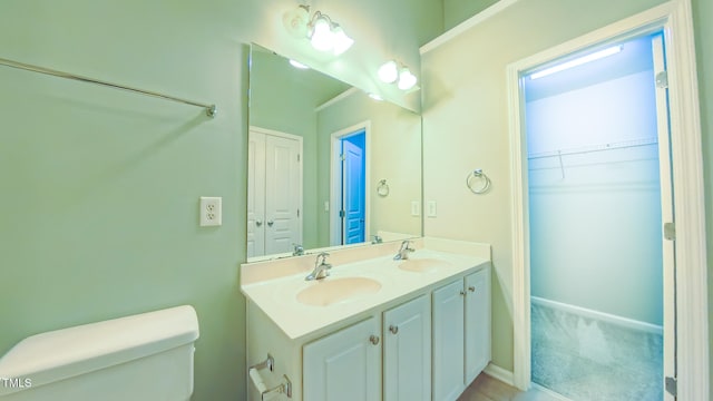 151 Braeside Ct, Cary, NC 27519 - full bathroom featuring toilet, double vanity, baseboards, and a spacious closet