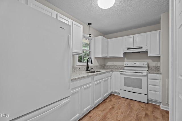 428 Long Branch Dr, Lacrosse, VA 23950 - kitchen with white appliances, a sink, under cabinet range hood, a textured ceiling, and light wood-style flooring