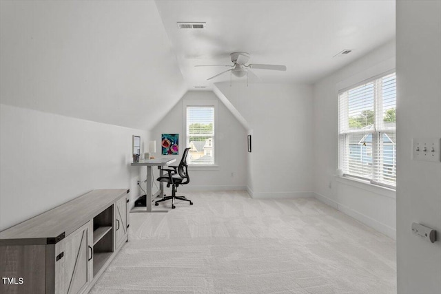 4605 All Points View Way, Raleigh, NC 27614 - office area with a ceiling fan, vaulted ceiling, light carpet, and baseboards