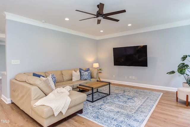 12320 Tetons Ct, Durham, NC 27703 - living area with a ceiling fan, ornamental molding, wood finished floors, and recessed lighting