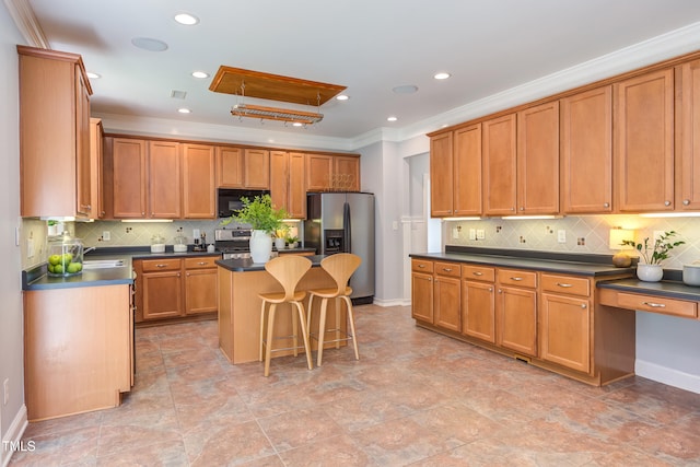 12320 Tetons Ct, Durham, NC 27703 - kitchen featuring stainless steel appliances, dark countertops, decorative backsplash, crown molding, and recessed lighting