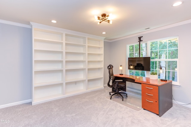 12320 Tetons Ct, Durham, NC 27703 - office area with light colored carpet, crown molding, and recessed lighting