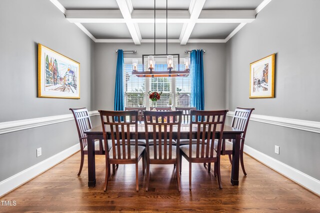 2538 Tuffeto, Apex, NC 27502 - dining space featuring wood finished floors, beam ceiling, a chandelier, coffered ceiling, and baseboards