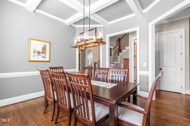 2538 Tuffeto, Apex, NC 27502 - dining room with coffered ceiling, a chandelier, wood finished floors, beamed ceiling, and stairs