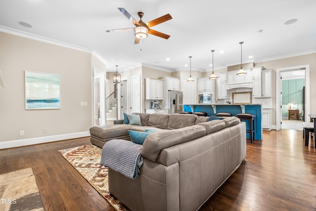 2538 Tuffeto, Apex, NC 27502 - living room with ceiling fan, stairway, dark wood finished floors, baseboards, and recessed lighting