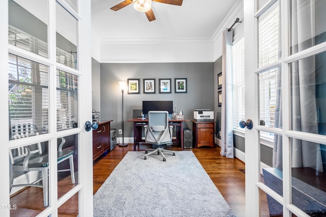 2538 Tuffeto, Apex, NC 27502 - home office with french doors, crown molding, dark wood-style floors, and ceiling fan