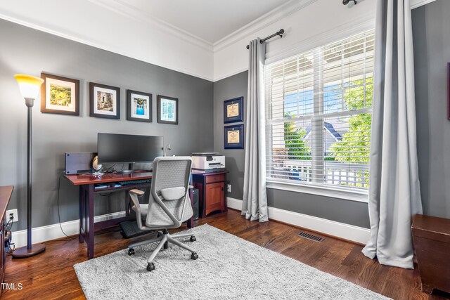 2538 Tuffeto, Apex, NC 27502 - home office with ornamental molding, dark wood-style flooring, and baseboards