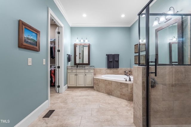 2538 Tuffeto, Apex, NC 27502 - full bathroom with crown molding, a garden tub, vanity, a walk in closet, and a stall shower