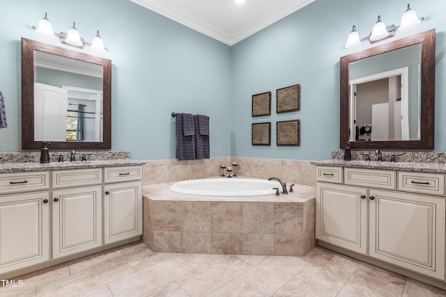2538 Tuffeto, Apex, NC 27502 - full bathroom featuring crown molding, two vanities, a bath, and tile patterned floors