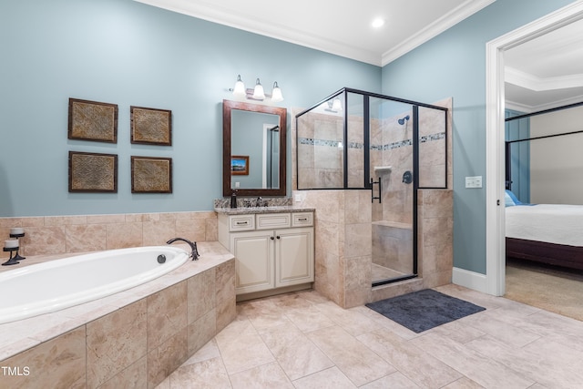 2538 Tuffeto, Apex, NC 27502 - ensuite bathroom with a garden tub, vanity, a shower stall, and ornamental molding