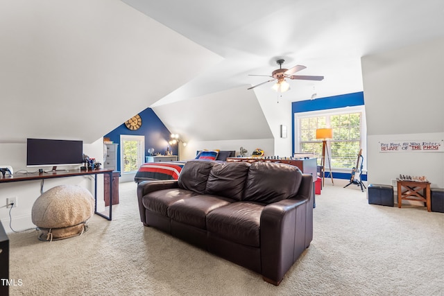 2538 Tuffeto, Apex, NC 27502 - living area with carpet flooring, vaulted ceiling, ceiling fan, and a desk