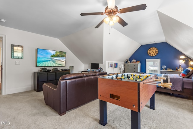 2538 Tuffeto, Apex, NC 27502 - game room featuring light carpet, ceiling fan, lofted ceiling, and baseboards