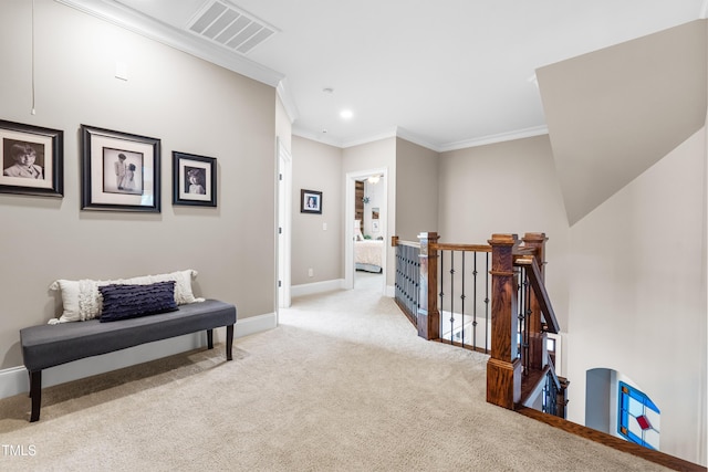 2538 Tuffeto, Apex, NC 27502 - corridor with an upstairs landing, carpet floors, crown molding, baseboards, and recessed lighting
