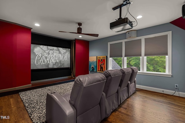 2538 Tuffeto, Apex, NC 27502 - cinema with a ceiling fan, wood finished floors, baseboards, and recessed lighting