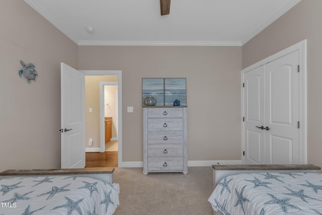 3111 Virginia Pine Ln, Apex, NC 27539 - bedroom featuring crown molding, light carpet, a closet, and a ceiling fan