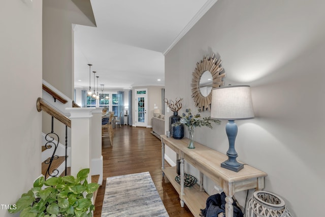 3111 Virginia Pine Ln, Apex, NC 27539 - hallway with dark wood-type flooring, crown molding, a chandelier, stairway, and recessed lighting