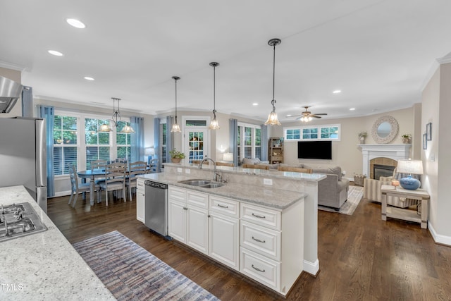 3111 Virginia Pine Ln, Apex, NC 27539 - kitchen featuring stainless steel appliances, ornamental molding, a glass covered fireplace, ceiling fan, and white cabinets