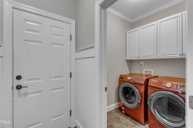 3111 Virginia Pine Ln, Apex, NC 27539 - washroom with separate washer and dryer, ornamental molding, cabinet space, and light tile patterned floors