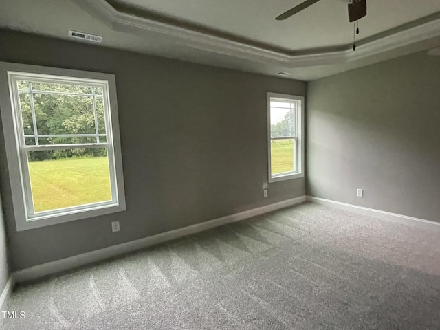 268 Busterfield Ct, Benson, NC 27504 - unfurnished room featuring a tray ceiling, carpet floors, baseboards, and a ceiling fan