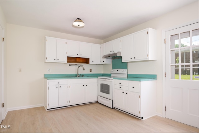 1002 Willow Dr Unit 37, Chapel Hill, NC 27514 - kitchen featuring white electric range, under cabinet range hood, a sink, light wood-style floors, and white cabinets