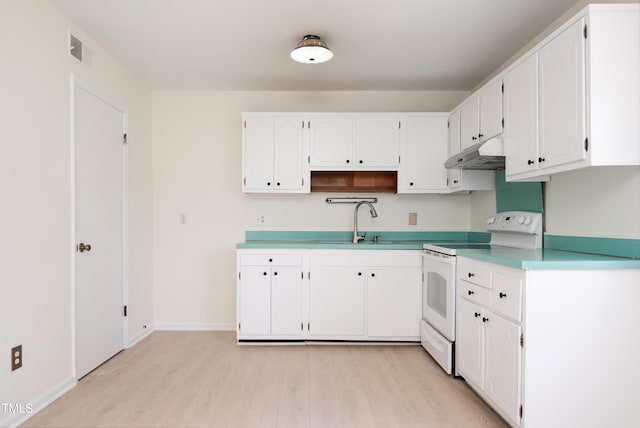 1002 Willow Dr Unit 37, Chapel Hill, NC 27514 - kitchen featuring white range with electric stovetop, under cabinet range hood, a sink, light wood-type flooring, and white cabinets