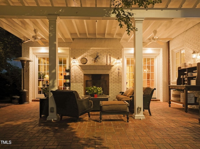 3307 Devon Rd, Durham, NC 27707 - view of patio / terrace featuring a ceiling fan and an outdoor living space with a fireplace