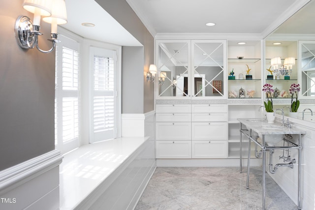 3307 Devon Rd, Durham, NC 27707 - full bathroom featuring a chandelier, healthy amount of natural light, ornamental molding, and double vanity