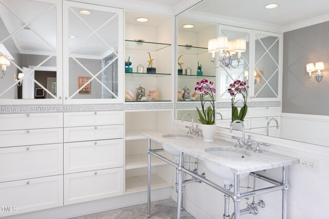 3307 Devon Rd, Durham, NC 27707 - bathroom featuring ornamental molding, double vanity, a chandelier, and recessed lighting