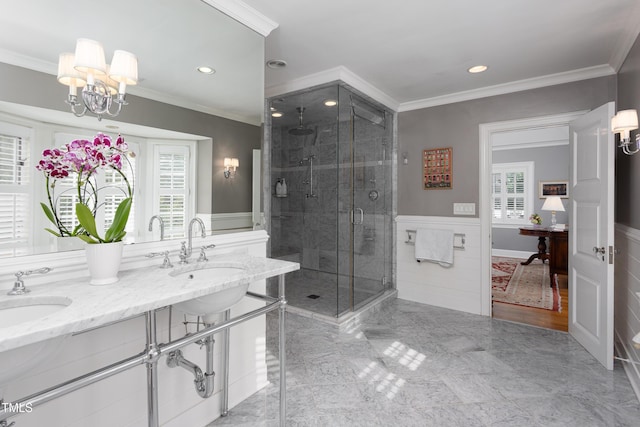 3307 Devon Rd, Durham, NC 27707 - full bath featuring a shower stall, a wainscoted wall, ornamental molding, a chandelier, and recessed lighting