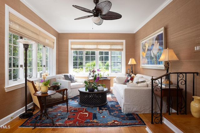 3307 Devon Rd, Durham, NC 27707 - living room featuring wood finished floors, ceiling fan, ornamental molding, and baseboards