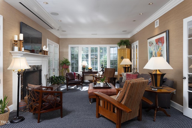 3307 Devon Rd, Durham, NC 27707 - carpeted living area with a high end fireplace, ornamental molding, baseboards, and recessed lighting