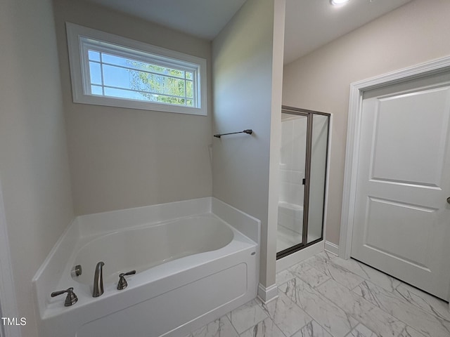 78 Mineral Springs Way, Benson, NC 27504 - full bathroom with a garden tub, marble look tiles, and a stall shower