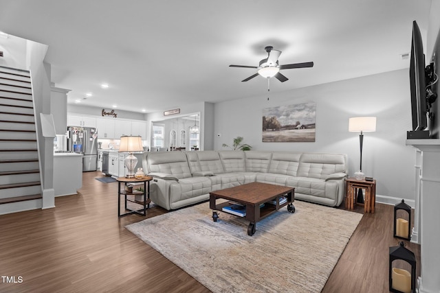 33 Davidson St, Clayton, NC 27527 - living room with stairway, a ceiling fan, wood finished floors, recessed lighting, and baseboards