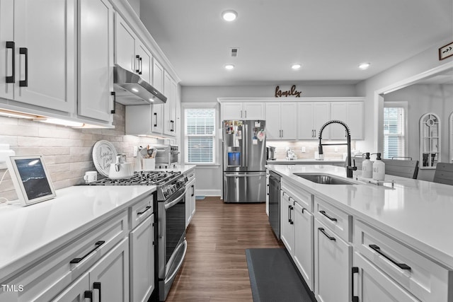 33 Davidson St, Clayton, NC 27527 - kitchen with under cabinet range hood, stainless steel appliances, a sink, light countertops, and recessed lighting