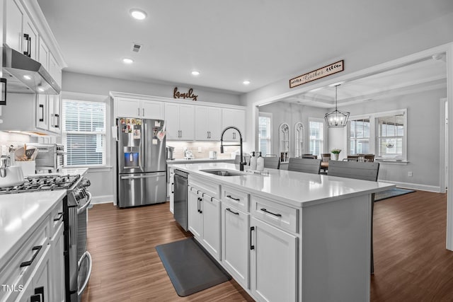 33 Davidson St, Clayton, NC 27527 - kitchen with appliances with stainless steel finishes, a sink, range hood, light countertops, and dark wood-style floors