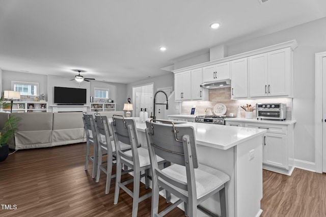 33 Davidson St, Clayton, NC 27527 - kitchen featuring under cabinet range hood, a ceiling fan, light countertops, dark wood finished floors, and recessed lighting