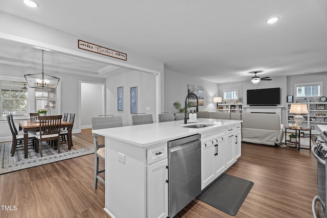 33 Davidson St, Clayton, NC 27527 - kitchen with dishwasher, a sink, open floor plan, dark wood finished floors, and a ceiling fan