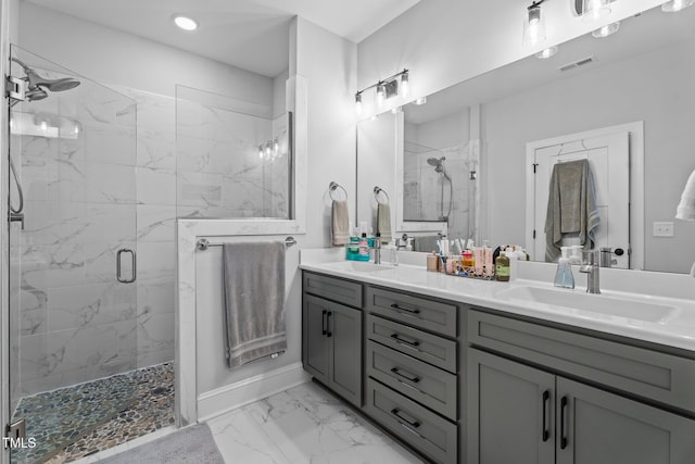 33 Davidson St, Clayton, NC 27527 - full bathroom with a marble finish shower, double vanity, marble finish floors, and recessed lighting