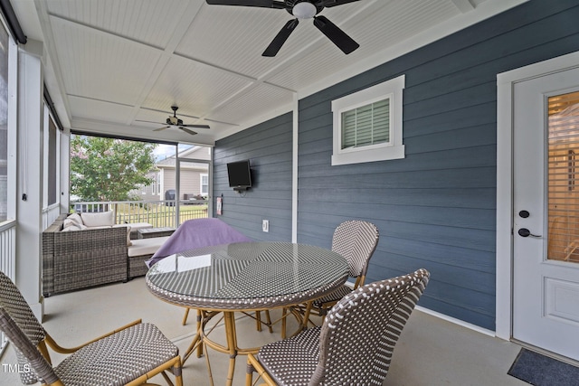 33 Davidson St, Clayton, NC 27527 - sunroom / solarium with ceiling fan, an outdoor living space, and outdoor dining space